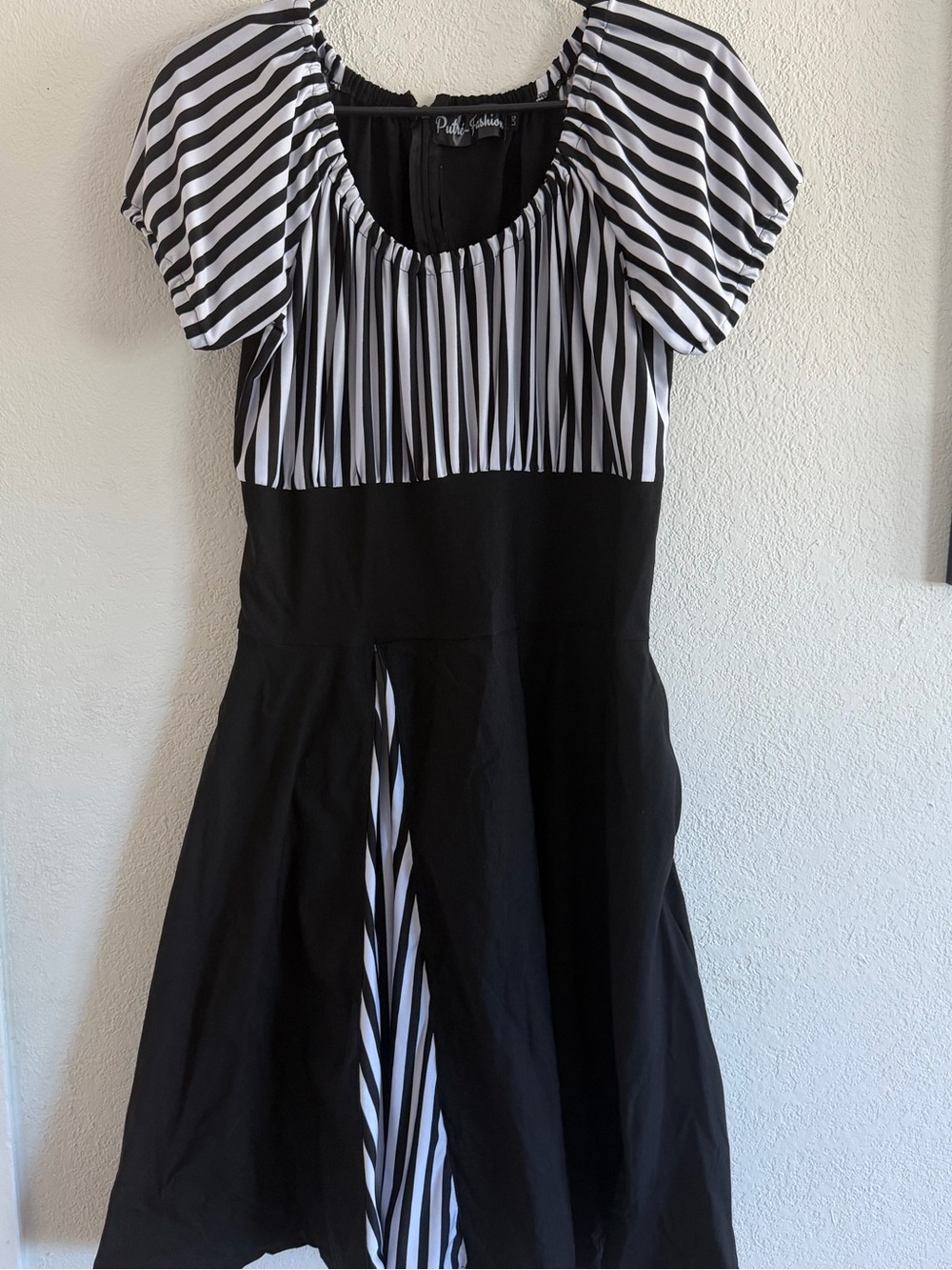 Black & White Striped Puff Sleeve Fit-and-Flare Dress